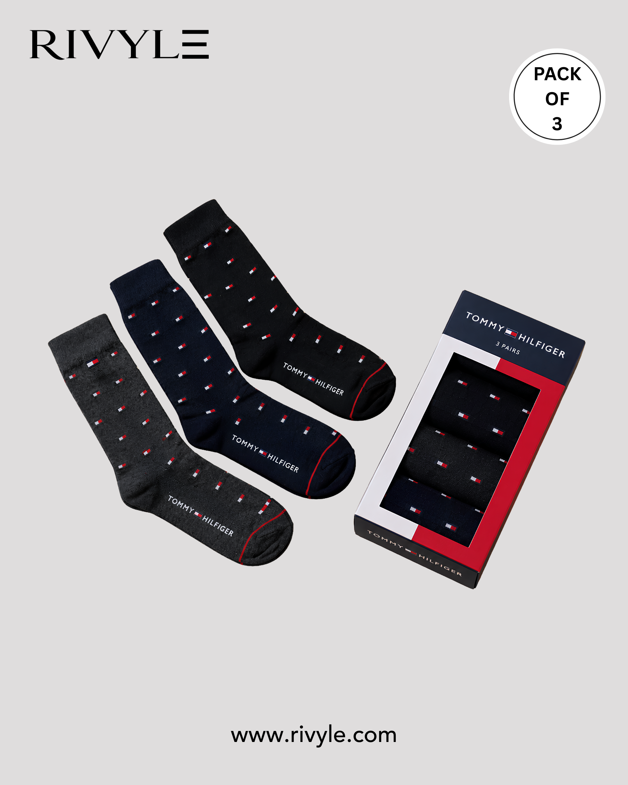 Rivyle Branded T-o-m-m-y H-i-l-f-i-g-e-r Full Socks Box (Pack of 3)