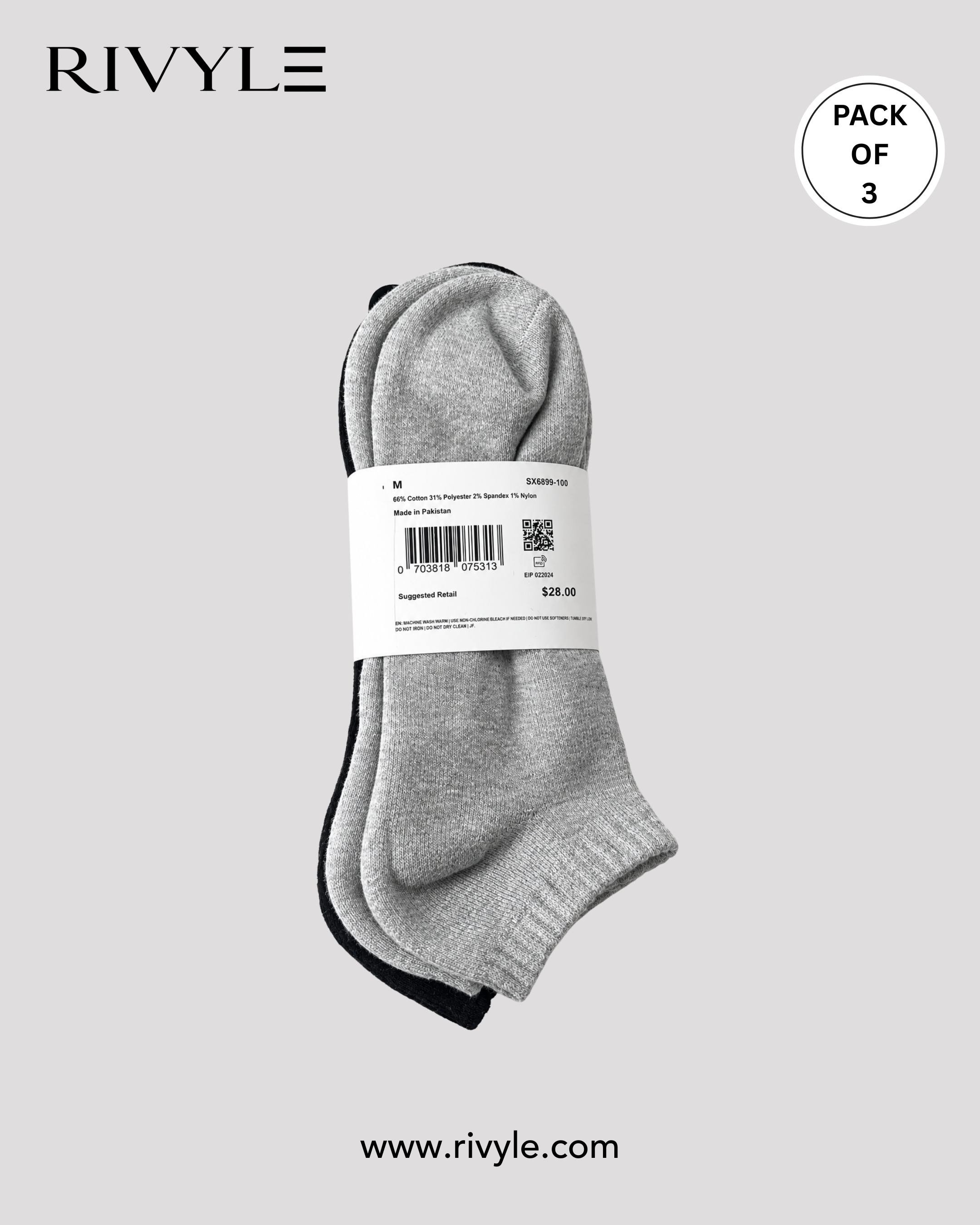 Rivyle Branded N-I-K-E Ankle Sock (Pack of 3) - Gray Black