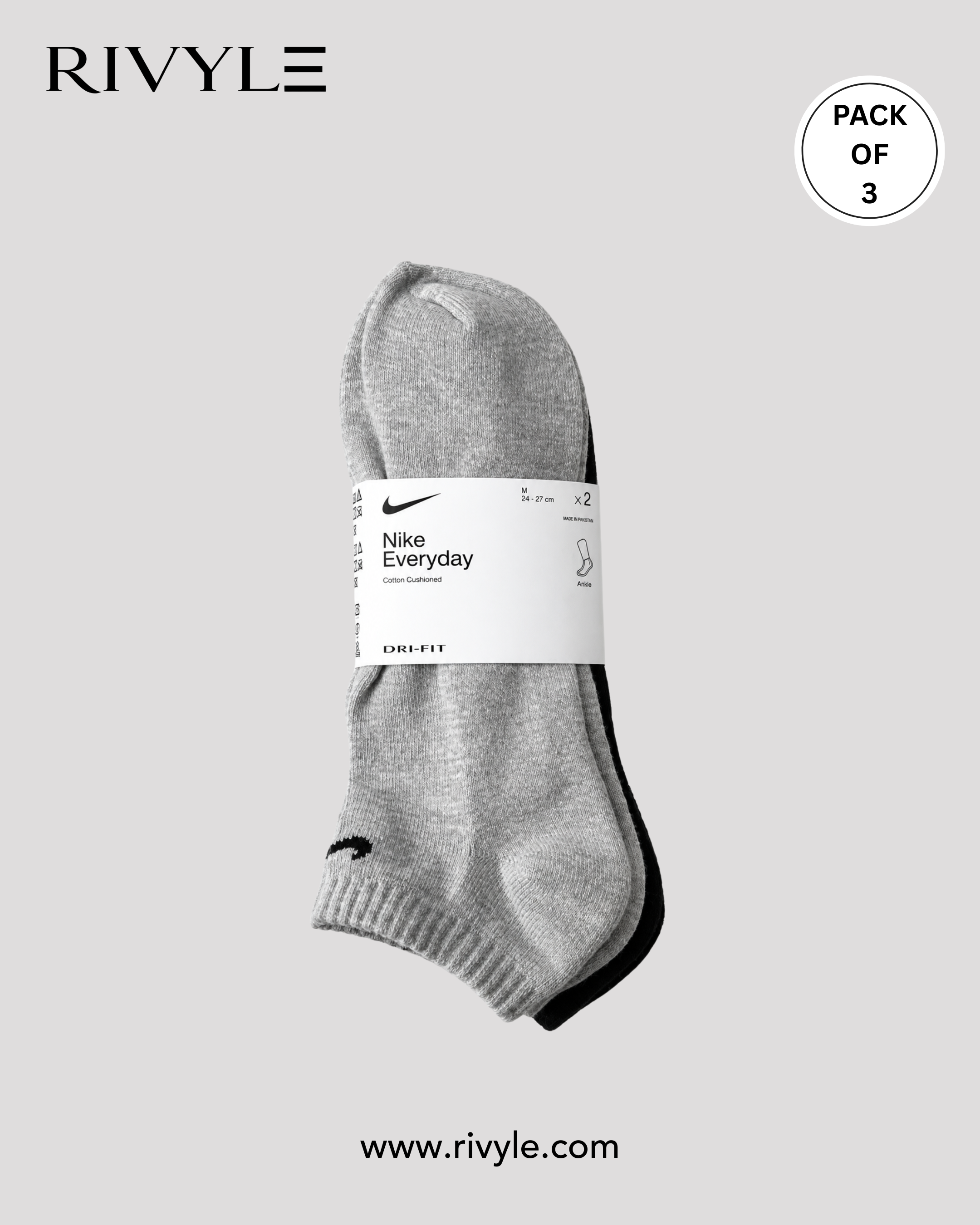 Rivyle Branded N-I-K-E Ankle Sock (Pack of 3) - Gray Black